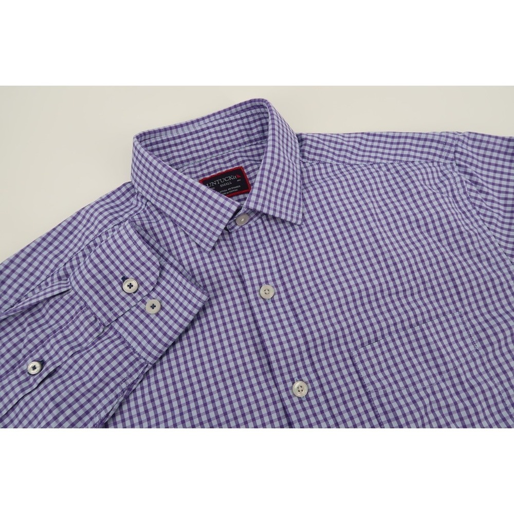UNTUCKit Boudriotte Button Front Shirt Mens Small Purple Gingham Nylon Stretch